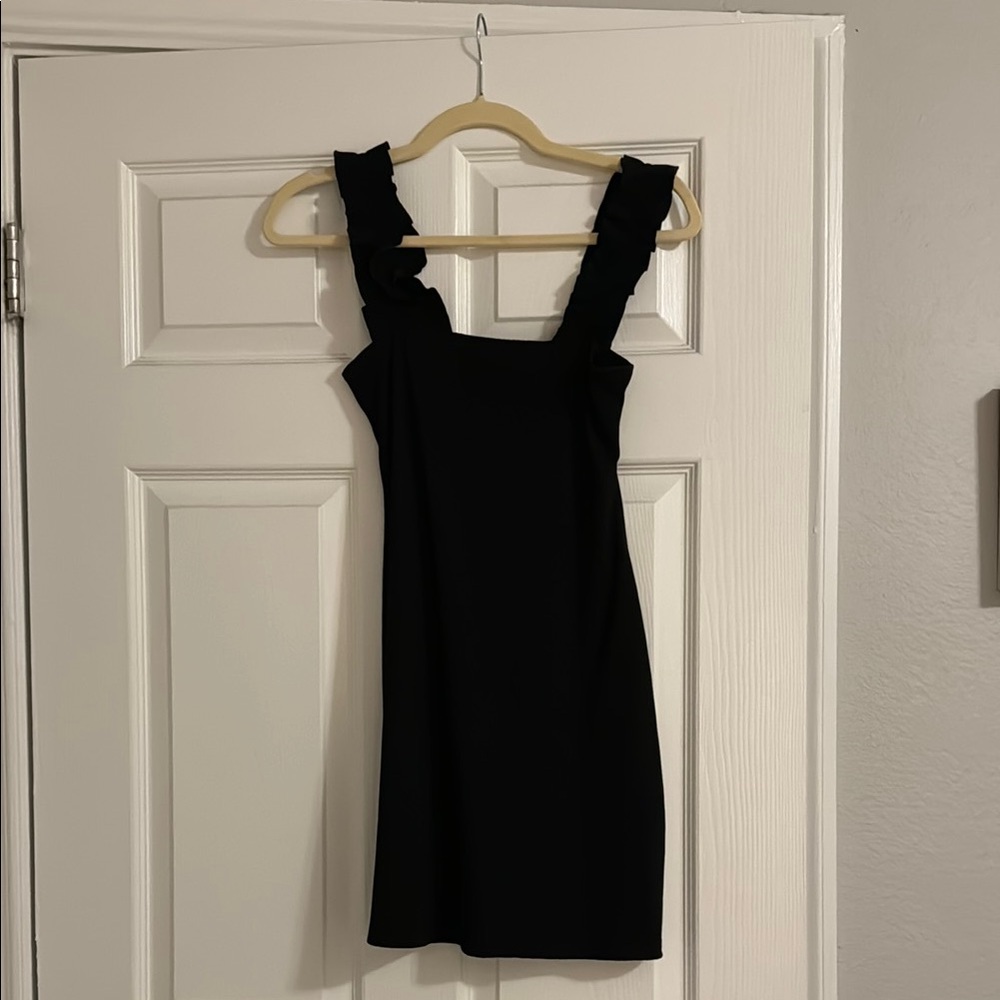 The Impeccable Pig Black Ruffled Sheath Mini Dress